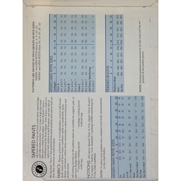 Vintage Sewing Pattern Tapered Pants 1980s Misses/Misses Petite Sizes 6-22 Categ - Picture 2 of 2